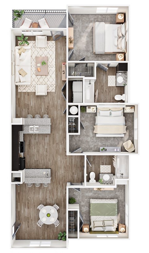 Floor plan for 3 beds, 2 baths, 1250 sqft